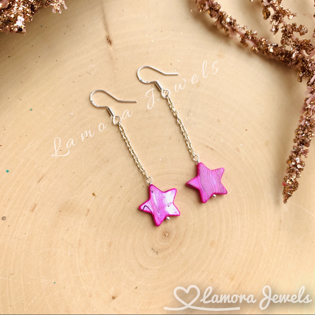 Pink Star Sea Shell Natural Long Silver Earrings 15$